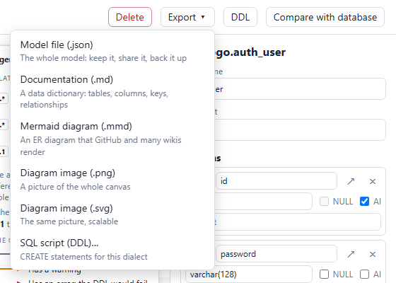 Export menu open in the Blueprint title bar with Model file (.json), Documentation (.md), Mermaid diagram (.mmd), Diagram image (.png), Diagram image (.svg), and SQL script (DDL) entries, each with a short description