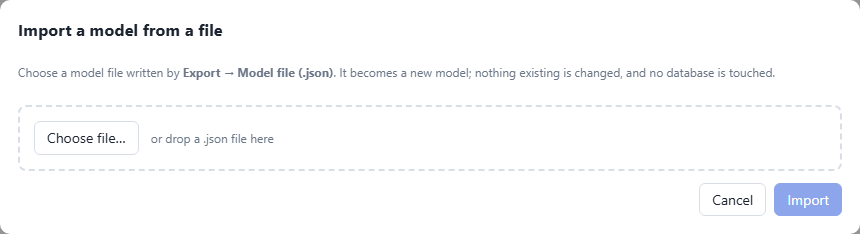Import a model from a file dialog with a Choose file button and a drop zone for a .json file