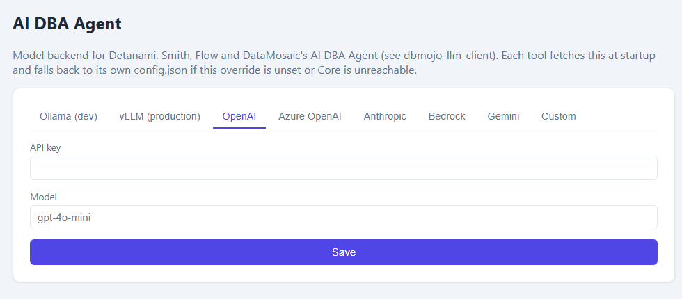 AI DBA Agent admin page in DBMojo Core with Ollama, vLLM, OpenAI, Azure OpenAI, Anthropic, Bedrock, Gemini, and Custom tabs