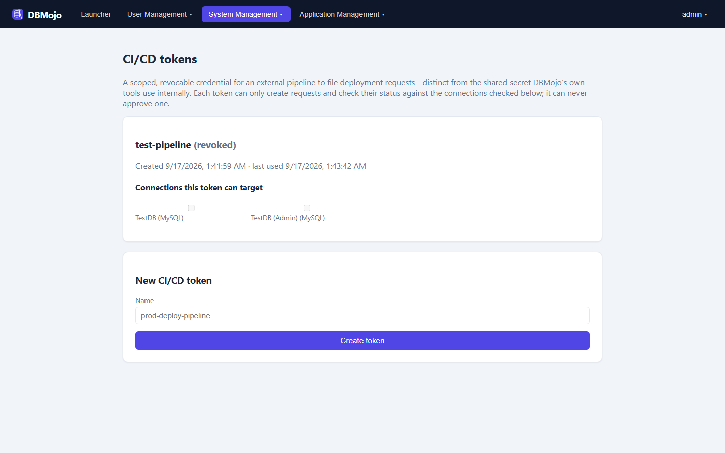 CI/CD tokens page showing a revoked test-pipeline token with its connection scope checkboxes, and a New CI/CD token form