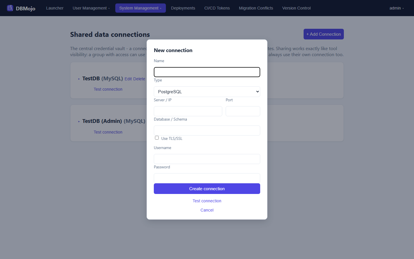 New connection dialog with Name, a Type dropdown set to PostgreSQL, Server/IP, Port, Database/Schema, Use TLS/SSL, Username, Password, and Create connection, Test connection and Cancel buttons