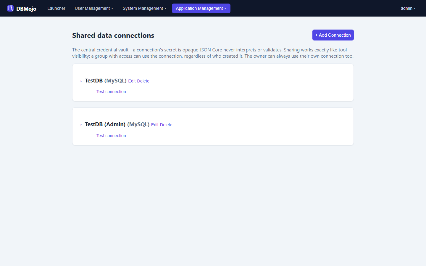 Shared data connections page with two collapsed connection cards, each showing its name, type, Edit and Delete links and a Test connection link, and a + Add Connection button