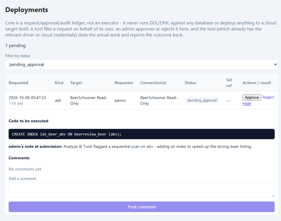Deployments page showing a pending DDL request with the exact CREATE INDEX statement to be executed, the requester's note, a comments box, and Approve and Reject actions