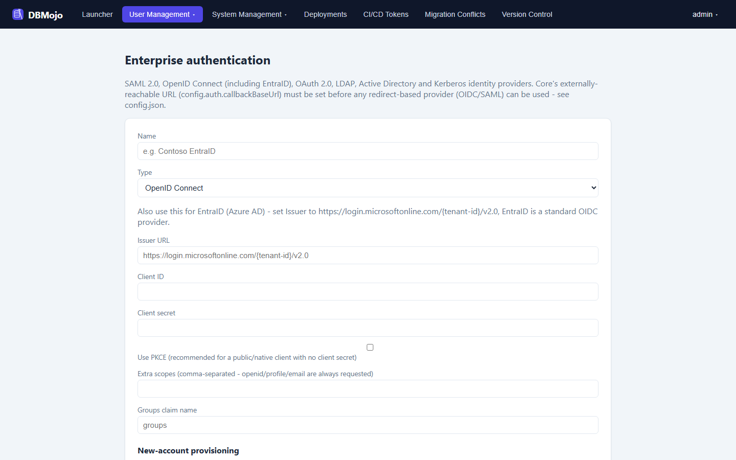Enterprise authentication page with an Add identity provider form: Name, Type set to OpenID Connect, an EntraID issuer hint, Issuer URL, Client ID, Client secret, PKCE checkbox, extra scopes, and groups claim name