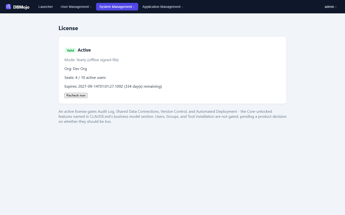 License page showing a Valid Active status, Yearly offline signed file mode, 4 of 10 seats used, and 355 days remaining