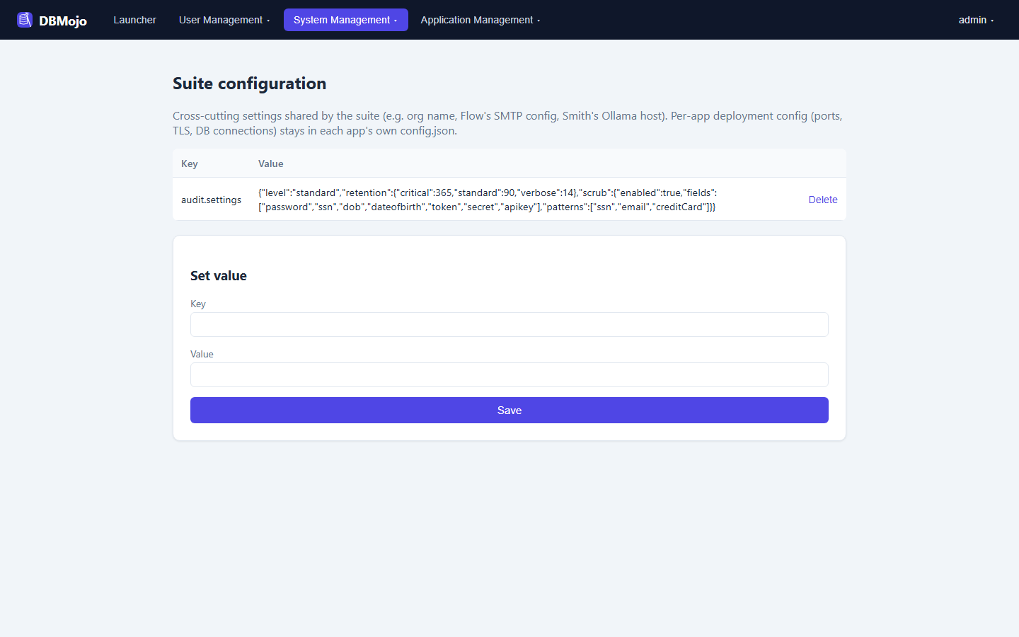 Suite configuration page showing a key/value table with an audit.settings JSON entry, and a form to set a new key and value