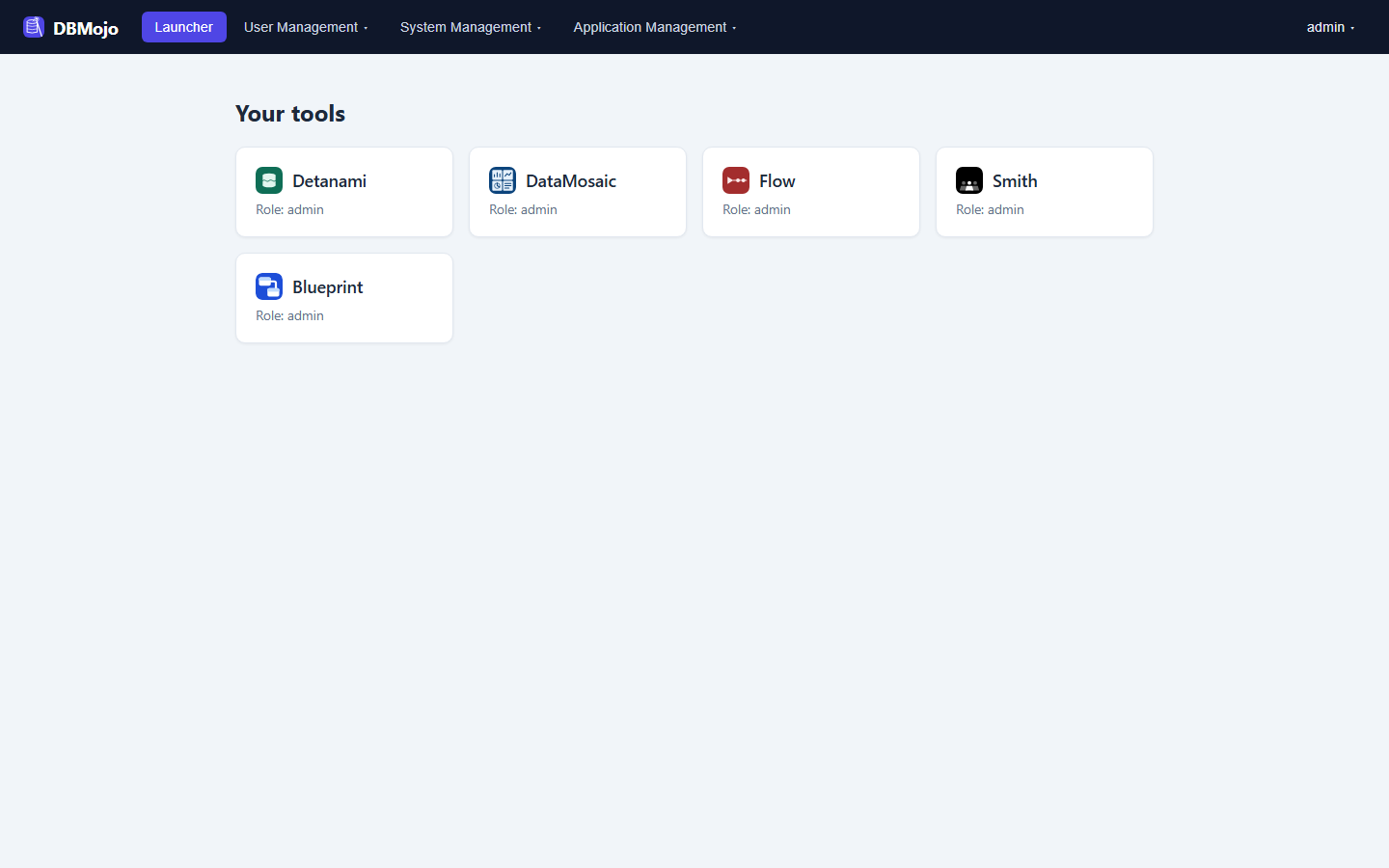 DBMojo Core launcher showing tiles for Detanami, DataMosaic, Flow, Smith, and Blueprint, with User Management, System Management, and Application Management menus in the top nav