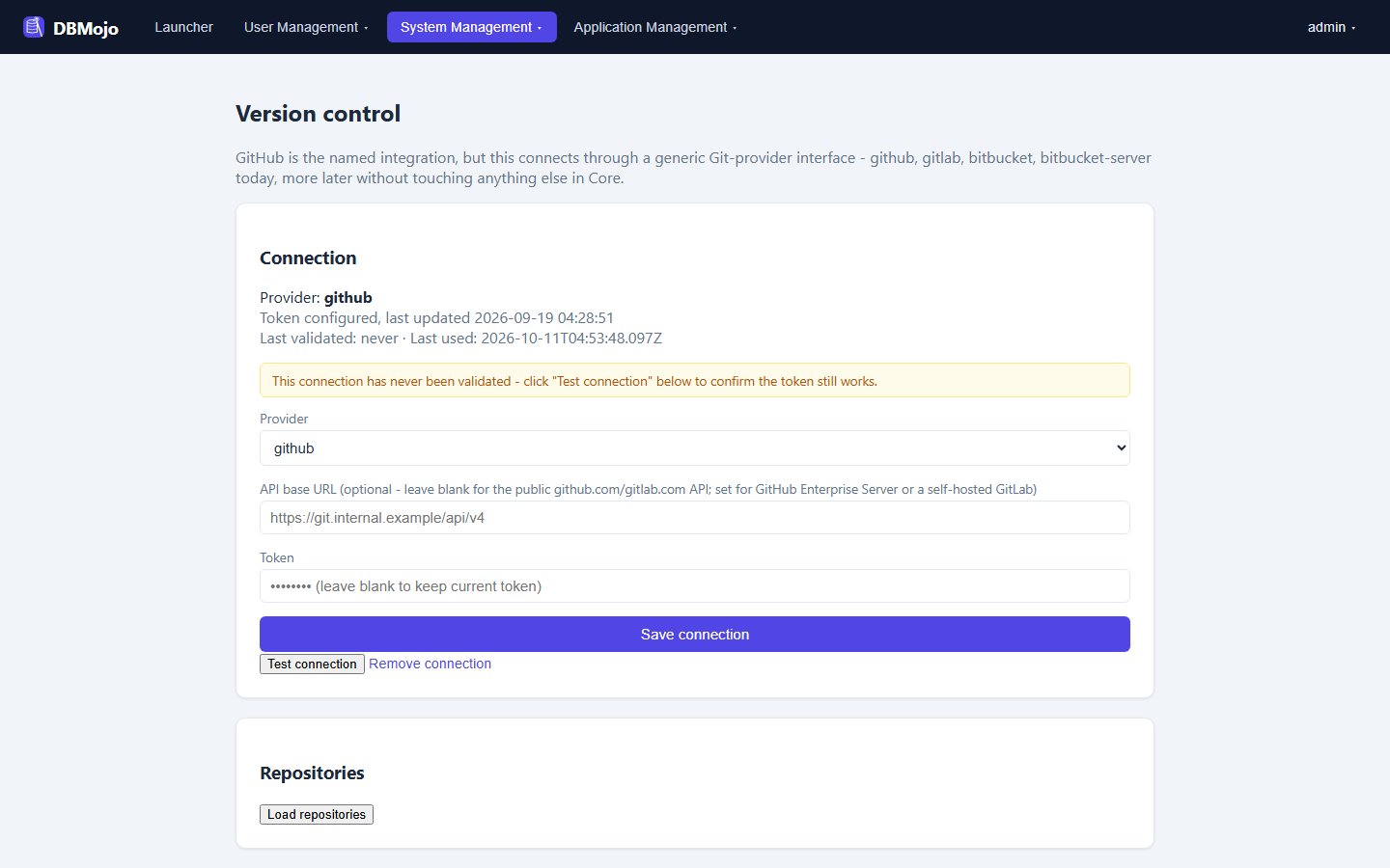 Version control page configuring a GitHub connection with a token field, a staleness warning banner, Test connection and Remove connection buttons, and a Repositories section