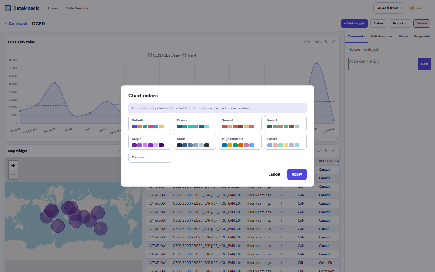 Chart colors dialog offering Default, Ocean, Sunset, Forest, Grape, Slate, High contrast, Pastel and Custom palettes
