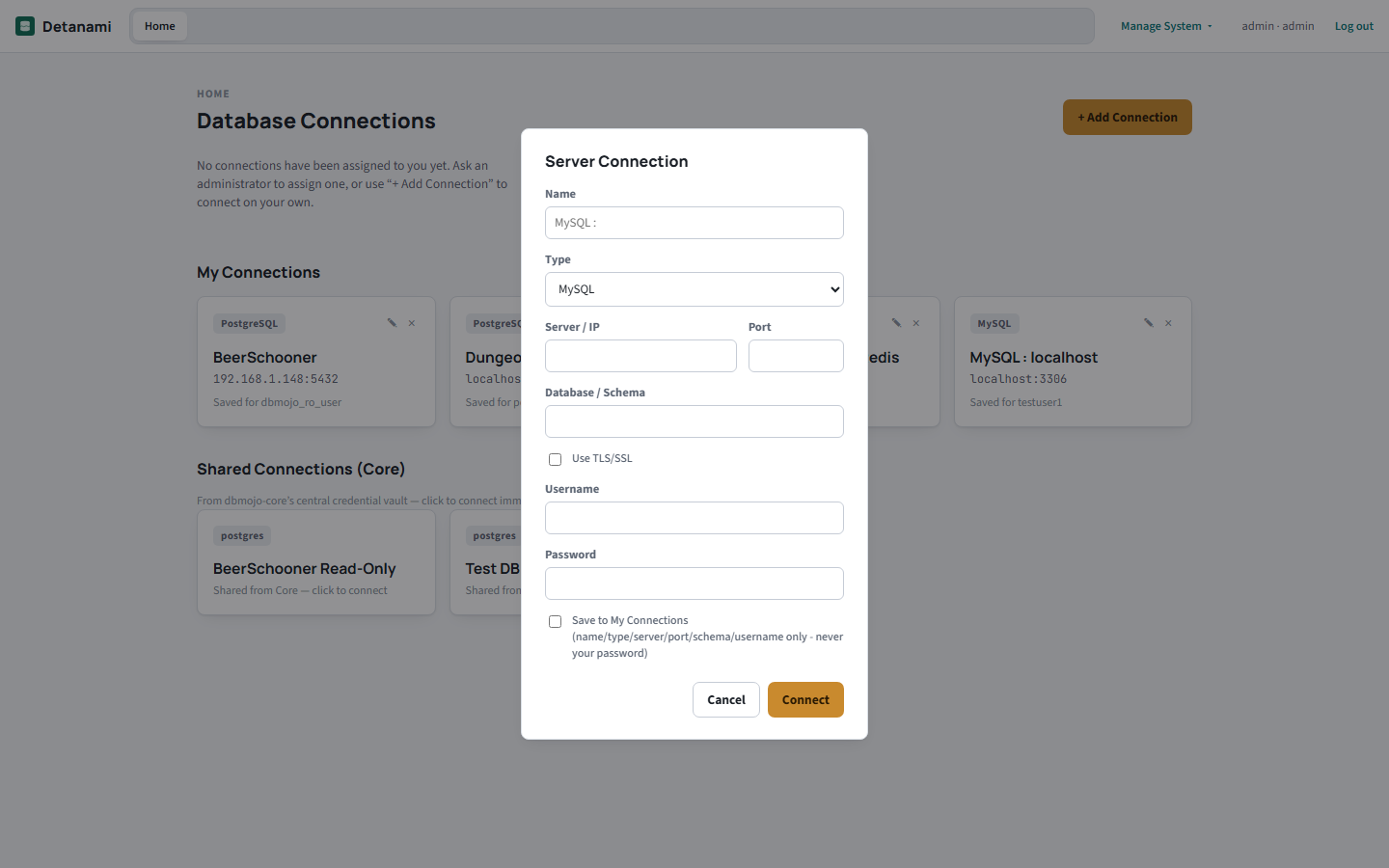 The Server Connection dialog with Type, Server/IP, Port, Database/Schema, Use TLS/SSL, Username, Password fields, and a Save to My Connections checkbox