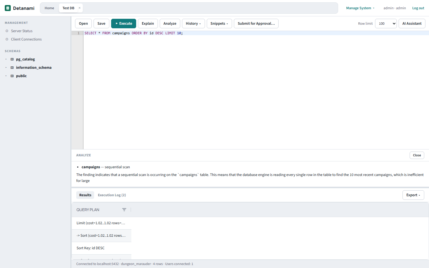 Analyze panel showing a finding: campaigns — sequential scan, with an AI-written explanation and a recommendation to index the id column