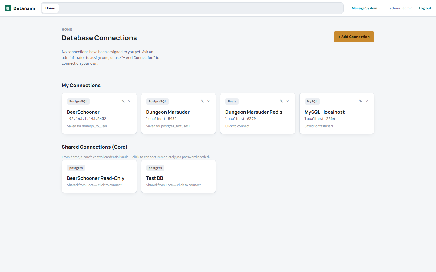 Detanami's Database Connections page showing My Connections (PostgreSQL, Redis, MySQL) and Shared Connections (Core) sections