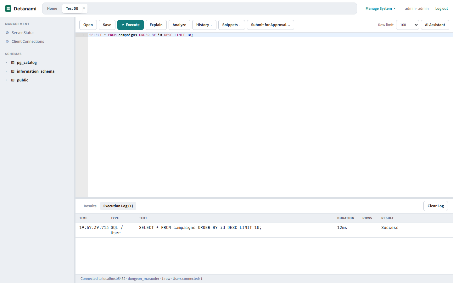Execution Log tab, initially empty