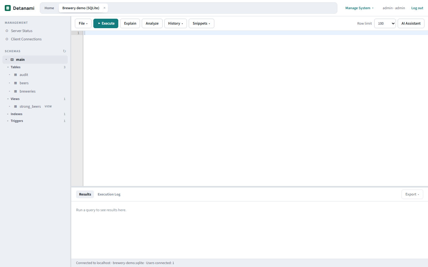 Detanami schema tree with the main schema expanded into Tables, Views, Indexes and Triggers groups