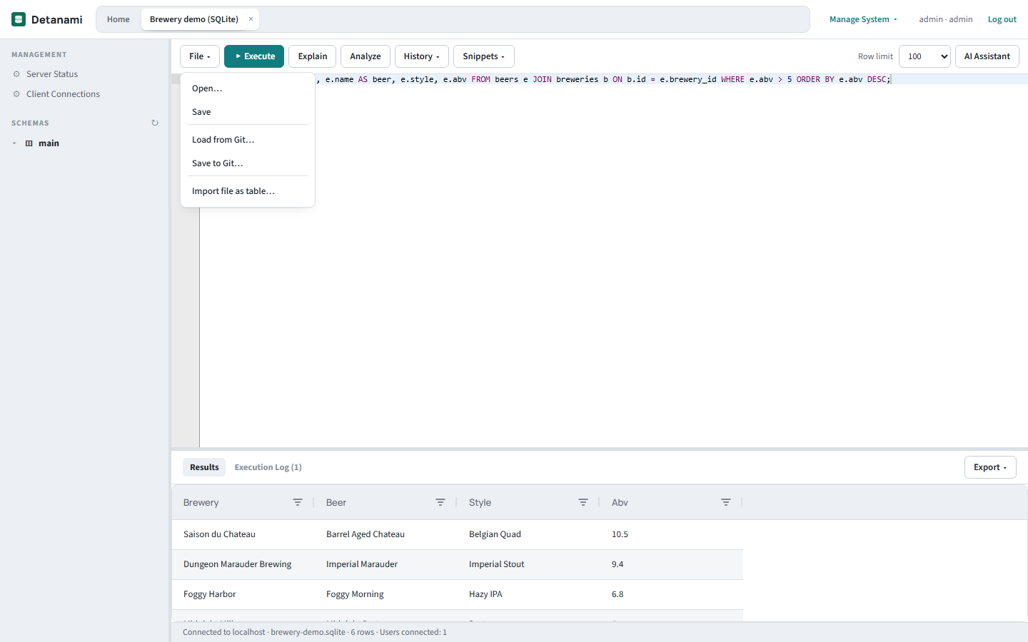 The File menu open in the workbench showing Open, Save, Load from Git, Save to Git and Import file as table