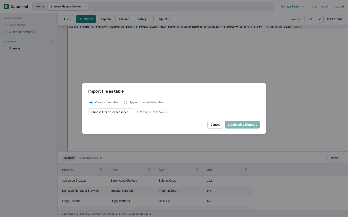 Import file as table dialog with Create a new table and Append to an existing table options