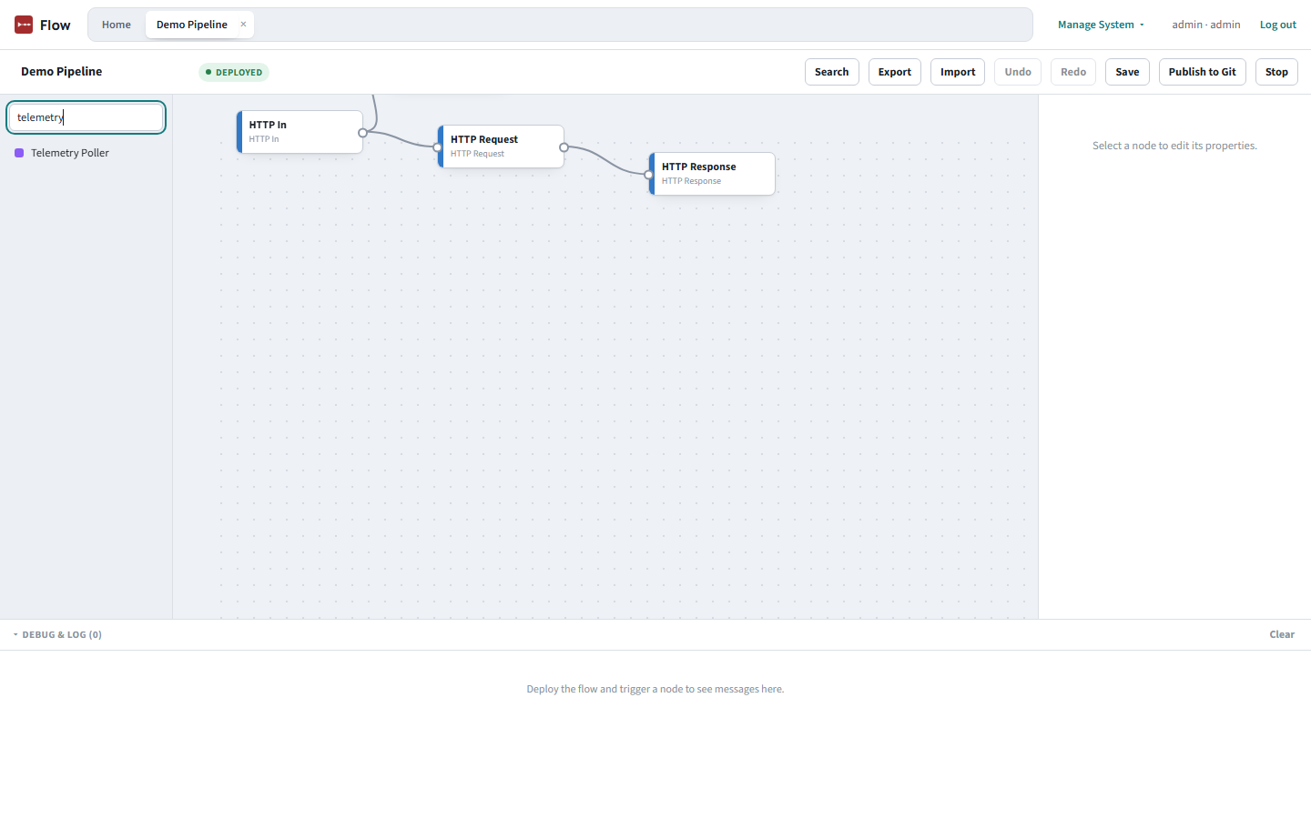 Toolbox search for 'telemetry' showing the Telemetry Poller node