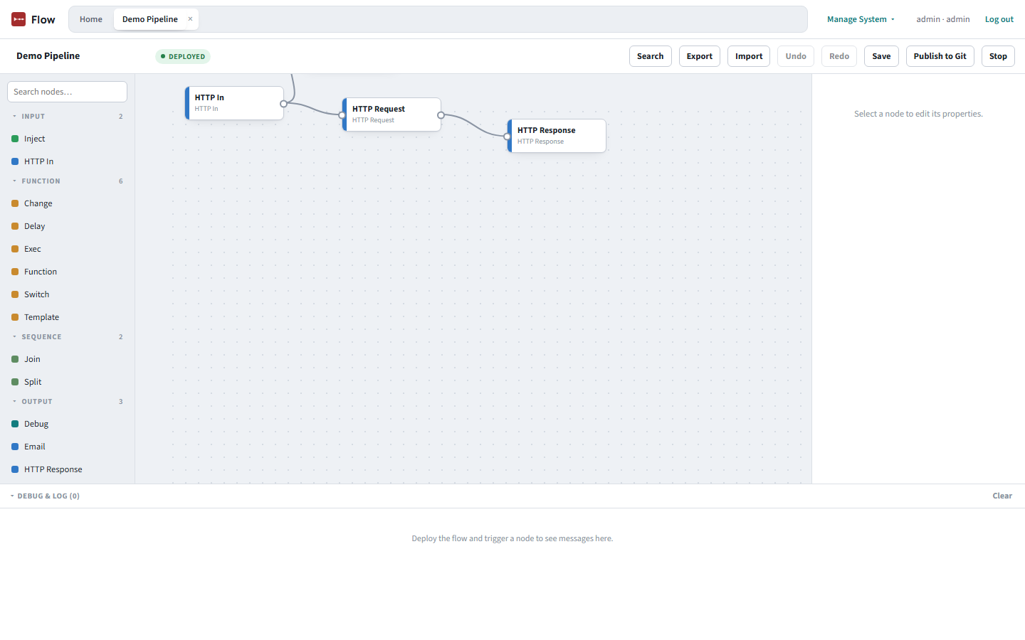 Demo Pipeline flow with HTTP In, HTTP Request, and HTTP Response nodes wired together
