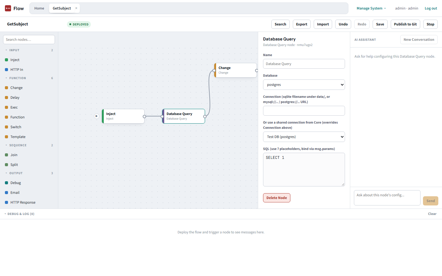 Database Query node properties panel with Database set to postgres, a shared connection dropdown set to Test DB (postgres), and a SQL field, plus an AI Assistant panel on the right
