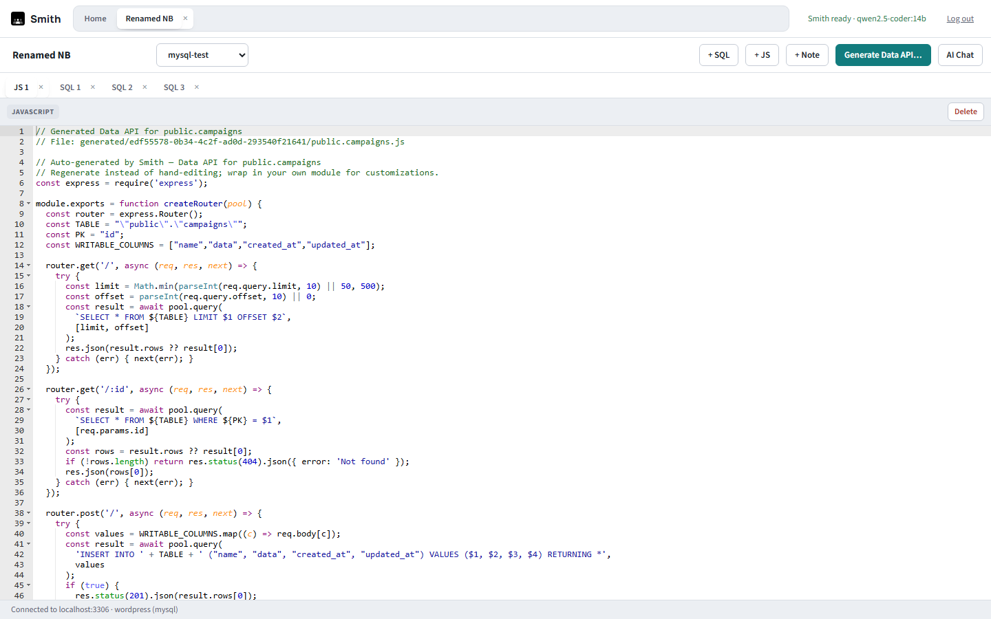 A JS cell showing a generated Express router with list, get, and create routes for the public.campaigns table