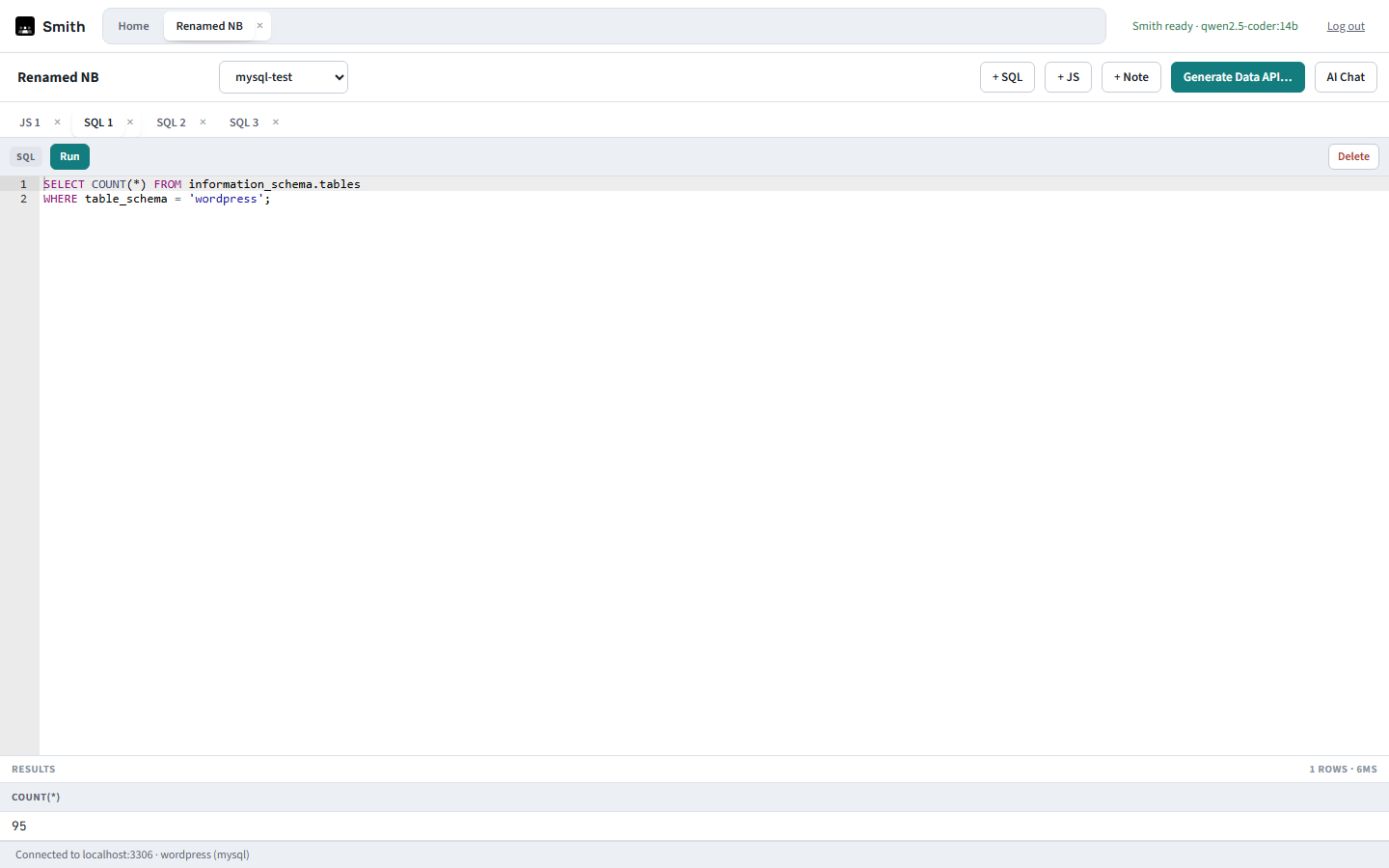 A SQL cell with a query and a 475-row results grid below it, with JS 1, SQL 1, Note 1, and SQL 2 tabs above