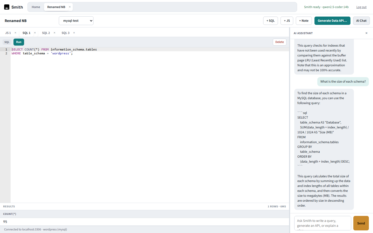 Smith notebook with tabbed SQL and JS cells, a SQL query with its result, and a docked AI Assistant panel answering a question about schema size